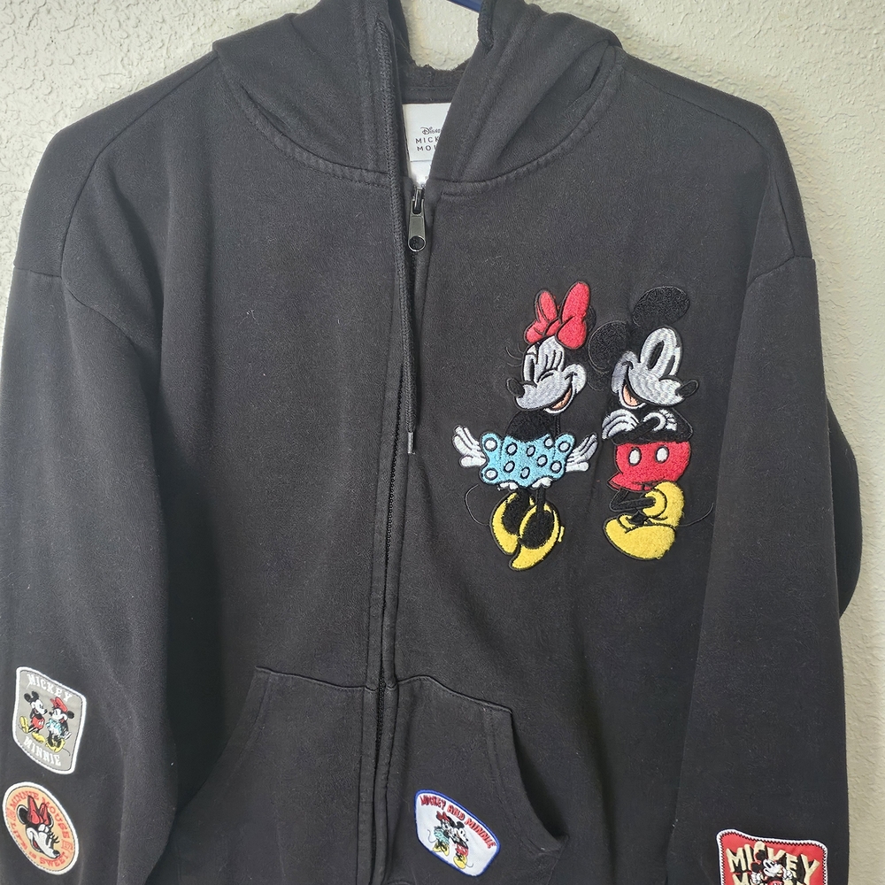 Disney Black Zip-Up Hoodie with Embroidered Mickey & Minnie